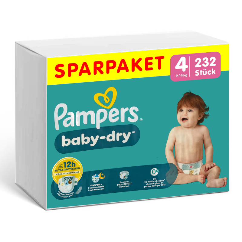 Preview: Vorderseite einer Packung Pampers Baby Dry Größe 4.